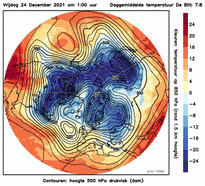 animatie van de ligging van hoge- en lagedrukgebieden op ongeveer 5 km hoogte en de temperatuur op ongeveer 1.5 km hoogte in de warme week van 28 december 2021 tot en met 3 januari 2022. 