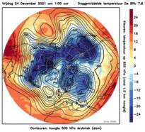 animatie van de ligging van hoge- en lagedrukgebieden op ongeveer 5 km hoogte en de temperatuur op ongeveer 1.5 km hoogte in de warme week van 28 december 2021 tot en met 3 januari 2022. 