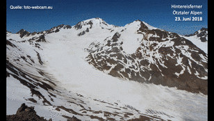 Animatie van beeldopnamen van de gletsjer Hintereisferner eind juni in de jaren 2018 t/m 2022. Dit jaar ligt de helft van de gletsjer al onbeschermd op 22 juni.