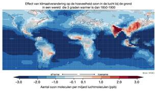 kaart met verwachte toename van de ozonconcentratie door klimaatverandering in de periode 2055-2081 als de wereldwijde gemiddelde temperatuur met 3 graden toeneemt (ten opzichte van de periode 1850-1900)