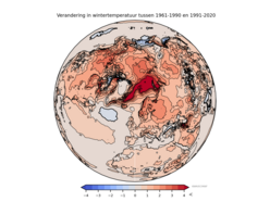 Verandering in wintertemperatuur tussen 1961-1990 en 1991-2020. Bron: ECMWF/ERA5.  