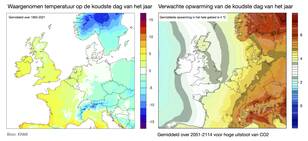 Kaart van Europa met in kleur de temperatuur van de gemiddeld koudste dag in de periode 1950-2021 en een kaart met de verwachte opwarming van de koudste dag voor hoge toekomstige uitstoot van broeikasgassen.