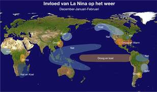 Het weer tijdens een La nina, weergegeven op een kaart waar het droger of natter, warmer of kouder is dan normaal