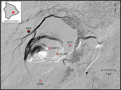 Kaart van het meetnetwerk op de Kīlauea. De symbolen tonen de locaties van de vijf zwaartekrachtsmeters.