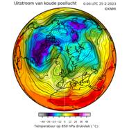 Animatie van de ligging van de straalstroom en de temperatuur van de lucht op ongeveer 1,5 kilometer hoogte van 25 februari 2023 tot 7 maart. Bron: KNMI/ECMWF.