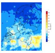 kaart met gemiddelde NO2 concentraties in Nederland tijdens de meetcampagne van 17 maart tot 14 april 2023.