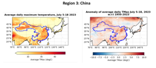 Figuur 3: Maximumtemperaturen in juli gemiddeld over de lengte van de hittegolven die voor deze studie zijn gedefinieerd (linkerzijde) en dezelfde maar dan uitgedrukt in anomalieën ten opzichte van 1950-2023 (rechterzijde).  China 