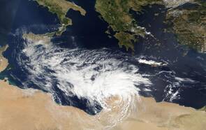 Satelliet opname van de medicane Daniël op 10 september 2023