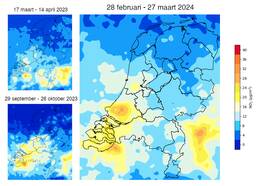 kaarten van nederland met gemiddelde NO2 oppervlakte concentraties herleid uit Tropomi-metingen, tijdens de GLOBE voorjaarscampagne 2024 (rechts) in vergelijking met de voorgaande GLOBE campagnes in 2023 (links). 