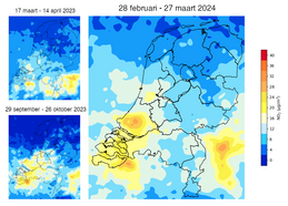 kaarten van nederland met gemiddelde NO2 oppervlakte concentraties herleid uit Tropomi-metingen, tijdens de GLOBE voorjaarscampagne 2024 (rechts) in vergelijking met de voorgaande GLOBE campagnes in 2023 (links). 