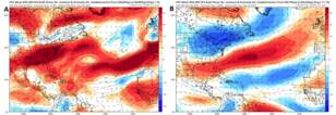 Figuur 3: Verticale windschering boven de Atlantische oceaan, gemiddeld over de periode 4-9 september (A) en 19-24 september (B). Rode gebieden zijn gebieden waar zich op dit moment meer windschering dan normaal bevindt; blauwe gebieden zijn gebieden waar