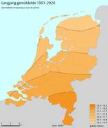Kaart van Nederland met in kleur de gemiddelde zomertemperatuur in de periode 1991-2020