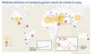 Wereldkaart met satellietwaarnemingen van pluimen van methaan en gebieden met hoge concentraties methaan in het jaar 2024.