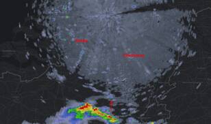 Animatie van de uitstroom van lucht uit een onweersbui nabui Brussel richting het noorden.