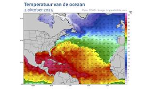 Kaart met in kleur de temperatuur van de Noord-Atlantische oceaan op 2 oktober 2025