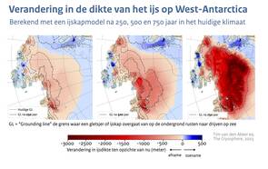 Drie kaarten van Antarctica met in kleur de afname in dikte van het ijs na 250, 500 en 750 jaar onder de huidige klimatologische omstandigheden berekend met een computermodel van de Antarctische ijskap.
