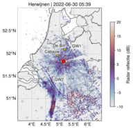 Kaart met Meting van twee zwaartegolfgroepen (GW1, GW2) boven Nederland met de neerslagradar in Herwijnen (rood). De golven zijn zichtbaar doordat radarsignalen terugkaatsen op insecten in de lucht. 