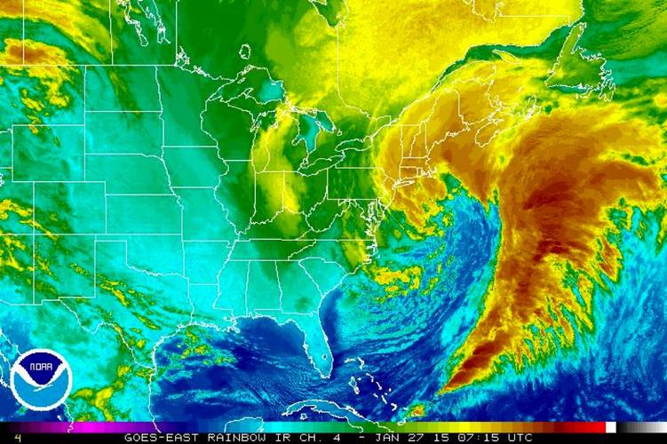 Infrarood beelden van de sneeuwstorm aan de oostkust van de VS