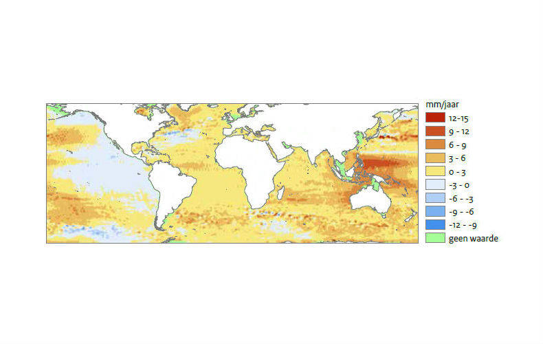 Figuur 4: Tempo van de zeespiegelstijging in de periode 1993-2012. Merk op dat deze satellietgegevens geen waarde vermelden voor de Nederlandse kust.