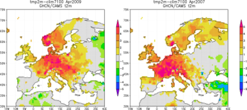 Figuur 2a. Temperatuurafwijkingen van normaal in april 2007 (links) en april 2009 (rechts) in de GHCN/CAMS dataset