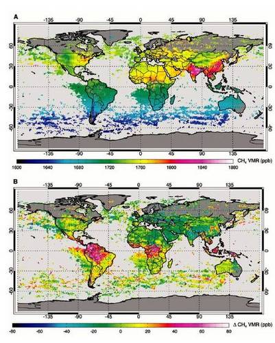 Figure 3. The sources of methane in tropical areas have been systematically underestimated. This conclusion could be drawn from simulation of the SCIAMACHY methane observations with a model (upper panel). 