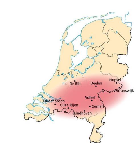 Figuur 6. Kaartje van Nederland met de stations waar de CNT op gebaseerd is.De rode plek is ruwweg het gebied omsloten door deze stations en waarvoor de CNT reeks representatief is. (bron: Bosatlas van het klimaat)