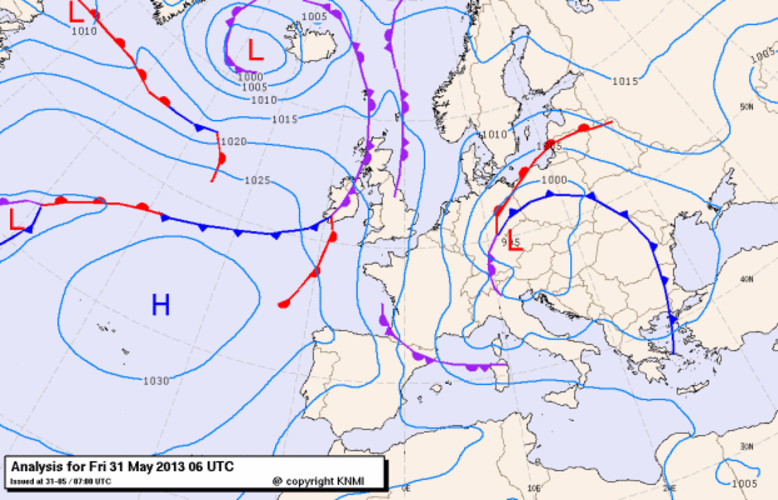 Figure 6: Weather chart for Friday 31 May 2013, 6 UT (source: KNMI, The Netherlands).