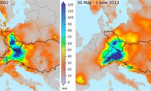 Figure 7: Total precipitation amount observed between 11 and 12 August 2002 (left) and between 30 May and 2 June 2013 (right; same data as in Figure 2) (source: E-OBS).