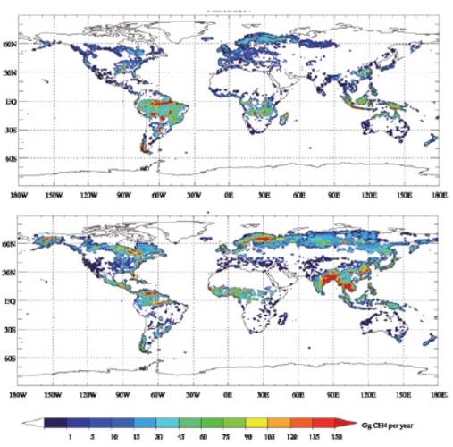 Figure 1. Modelled CH4 wetland emissions for March (top) and September (bottom) of the year 2004. Units: Gg (109 g) per grid cell per year.