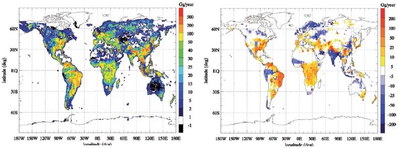 Figure 2. (top panel) Observationally constrained global annual CH4 emission distribution for the year 2004. (bottom panel) Differences between the observationally constrained emissions and prior knowledge on CH4 emissions. Both natural and anthropogenic 
