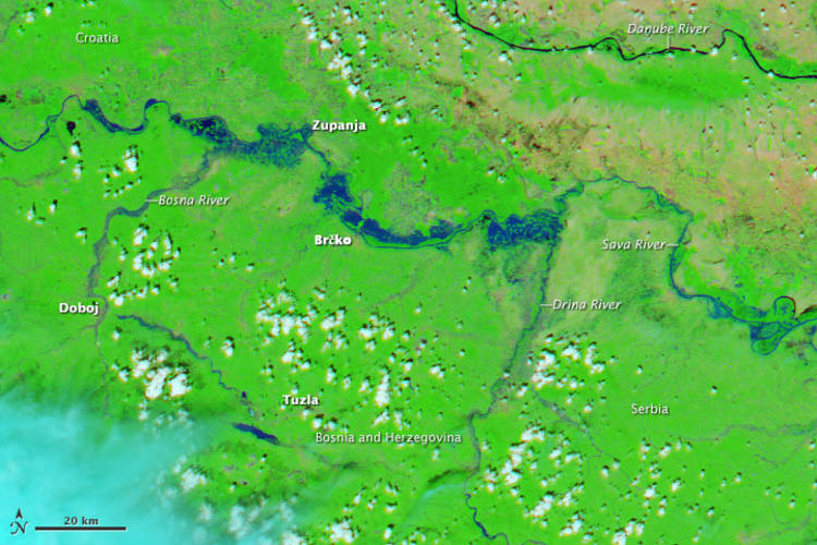 MODIS false colour image of the flooding of the Sava River (source: NASA Earth Observatory)