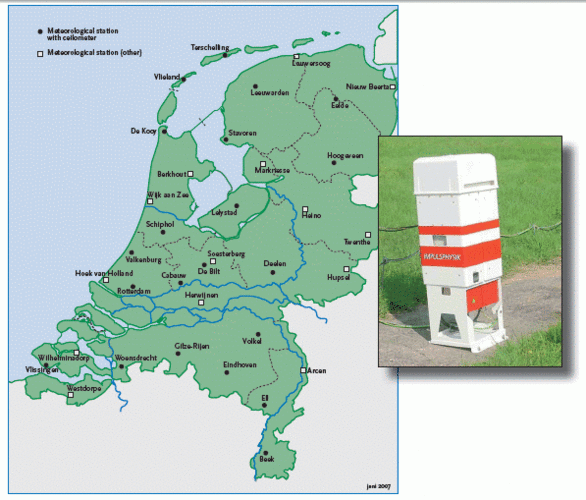 Figure 1. Map of the KNMI meteorological observation network in The Netherlands. The locations with a LD-40 ceilometer (inset photograph) are represented by black dots.