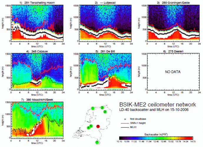 Figure 7. LD-40 backscatter contours and the estimated mixing layer height for the BSIK-ME2 ceilometer network on October 15th, 2006.