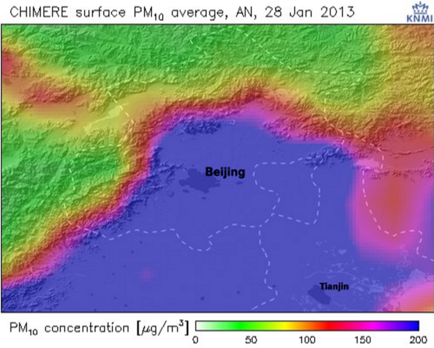 Model berekening fijnstofconcentraties voor Beijing en havenstad Tianjin.