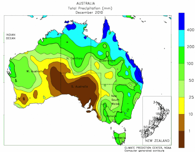 Neerslag in Australië in december 2010. Bron: CPC/NOAA