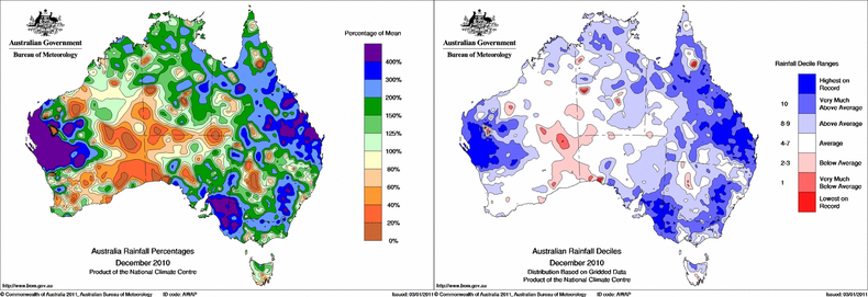 Figuur 2. Regen in Australië december 2010. Links afwijking van normaal, rechts hoe vaak dit voorkomt. Bron: Bureau of Meteorology, Australië.