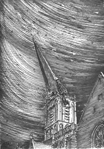 Figuur 1: De hoge naaldspits van de Jacobitoren en de uitgebouwde carilliontoren storten neer. (getekend door Th. Haakma Wagenaar, in opdracht van Restauratiecommissie `Vijf Middeleeuwse Kerken', Utrecht.)