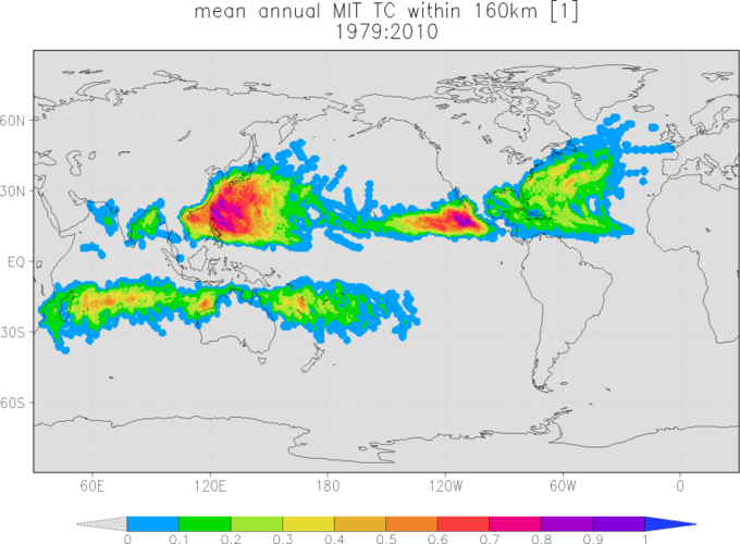 The probability that a tropical cyclone (hurricane, typhoon) passes within 160 km. Source: KNMI