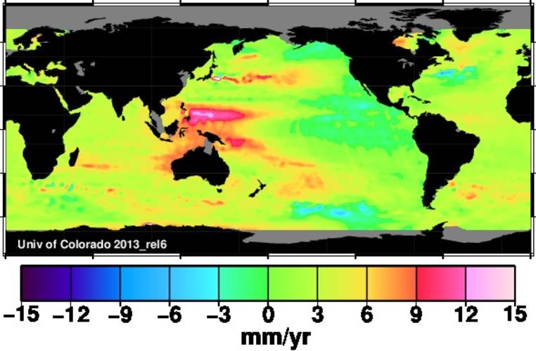 Figuur 3: Regionale zeespiegelveranderingen in de periode 1993-2012 (in millimeters per jaar, bron: http://sealevel.colorado.edu)