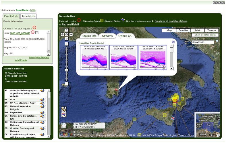 Figure 2. NERIES portal at KNMI, seismic waveform data access portlet. Screenshot of one of the portlets of the site, which allows the user to search and collect waveform data from all the European networks through an interactive map connected to the back