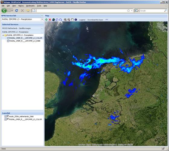 Figure 3. The ADAGUC web portal in which real-time precipitation radar data from the KNMI radars is displayed. The portal communicates with different servers using the OGC Web Mapping service and is able to combine data from different sources. In this scr