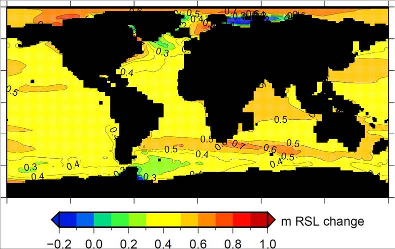 Figuur 3: Kaart van de verwachte verandering in het lokale zeeniveau in het jaar 2100 ten opzichte van het niveau van 1990. Gemiddeld over alle oceanen bedraagt de stijging volgens dit klimaatscenario (gebaseerd op het SRES A1B emissiescenario)