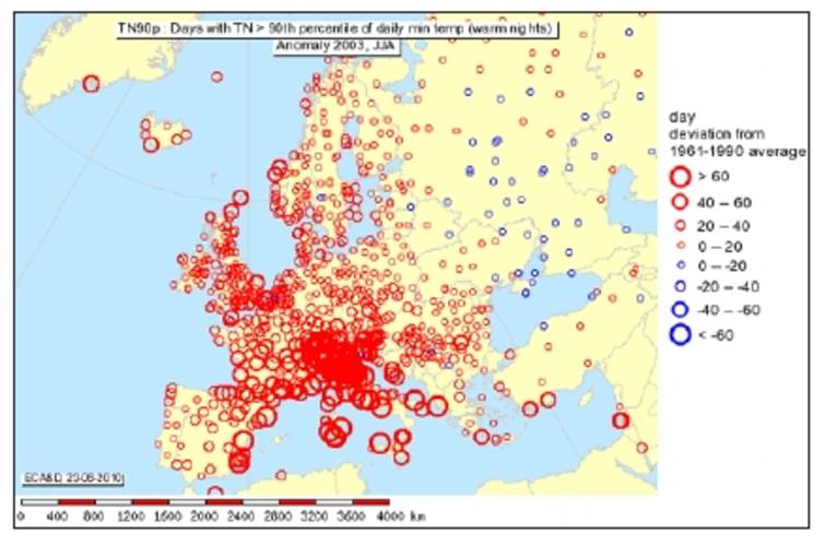 Figure 2. Use of ECA&D station series to describe the heat wave summer of 2003 in Central and Western Europe with the extremes index “warm nights”. 