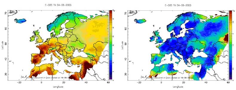 Figure 4. Illustration of the E-OBS dataset (0.25 degree regular grid) showing the maximum temperature (left) plus standard error (right) on the hottest day in Europe since 1950: 29 July 2002. 