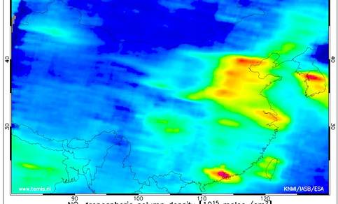 Figuur 7a: Luchtvervuiling door NO2 in China, in 1997 gemeten door GOME.