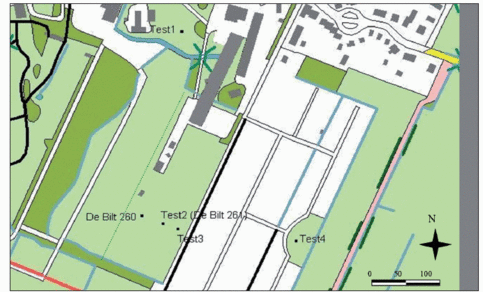 Figure 7. Locations of the screens at the KNMI terrain in De Bilt. Light green is grass cover and dark green trees. The white area that runs from mid bottom to top right consists mainly of vegetable gardens. The KNMI buildings are in gray (left from the v