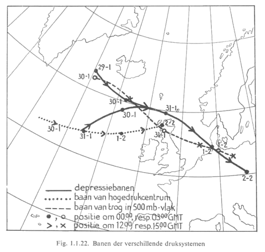 De baan van de rampzalige stormdepressie tussen 30 januari en 2 februari 1953 (bron: KNMI-bijdrage tot het rapport van de Deltacommissie)