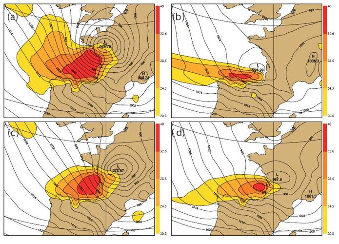 Figure 6. Christmas 1999 storm ‘Martin’. Surface pressure and wind gust at verification time 27 December 1999 18UTC for: a) the verifying analysis, b) the control 48-hour forecast, c) the pseudo-truth 48-hour forecast and d) 