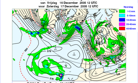 Figure 2. Northwest flow at 500h Pa over the North Sea. Green is forecast precipitation.