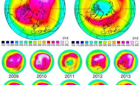 dikte van de ozonlaag boven de noordpool in maart 2020